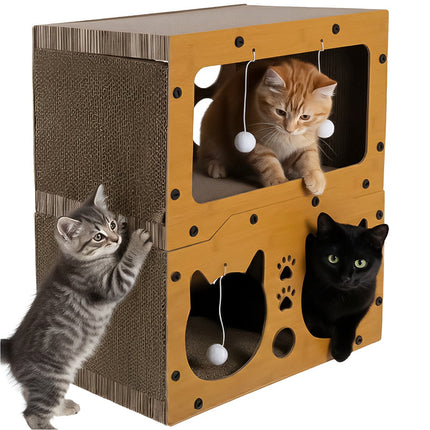 FURVEO - Cat Scratching Post with Two-Story House, Eco-Friendly