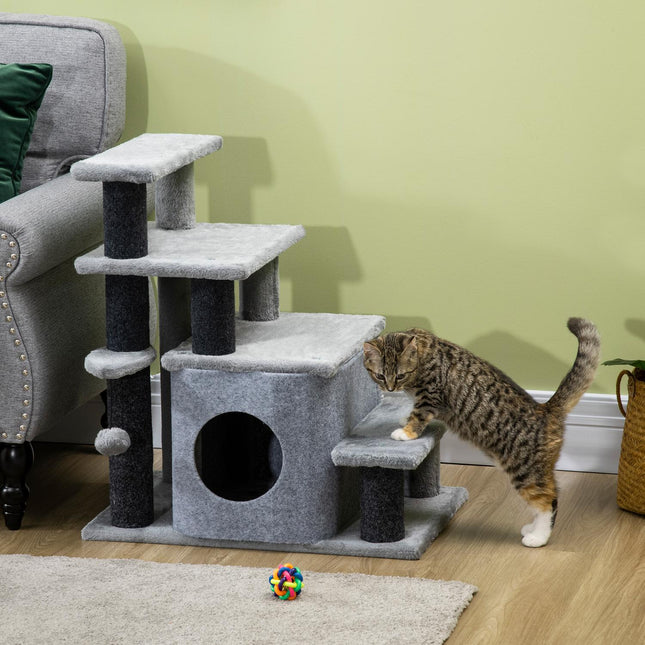 PAWROOM - Pet Stairs 3/4 Step Cat Stairs Sleeping Cave & Hanging Play Ball Chipboard Pehmo