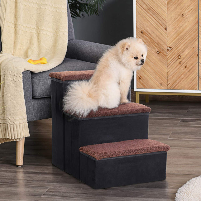 PAWROOM - Pet Stairs Taitettavat Kissan Portaat/Koiran Portaat, 3 Askelmaa Ja Säilytystilaa, Kissoille Ja Koirille, Mdf, Musta, 40X54X48Cm
