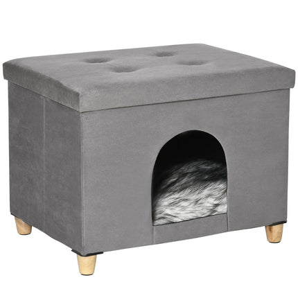 PAWROOM - 2-In-1 Cat Cave -Jalkaistuin Pehmusteella Puiset Jalat Cat House Cat Kori Pehmeä Pehmustettu Ottomaanien Tyylikäs Design Irrotettava Mdf Pehmoharmaa