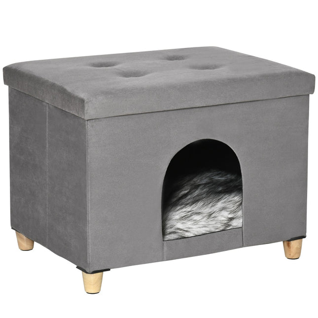 PAWROOM - 2-In-1 Cat Cave -Jalkaistuin Pehmusteella Puiset Jalat Cat House Cat Kori Pehmeä Pehmustettu Ottomaanien Tyylikäs Design Irrotettava Mdf Pehmoharmaa