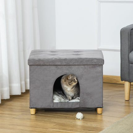 PAWROOM - 2-In-1 Cat Cave -Jalkaistuin Pehmusteella Puiset Jalat Cat House Cat Kori Pehmeä Pehmustettu Ottomaanien Tyylikäs Design Irrotettava Mdf Pehmoharmaa
