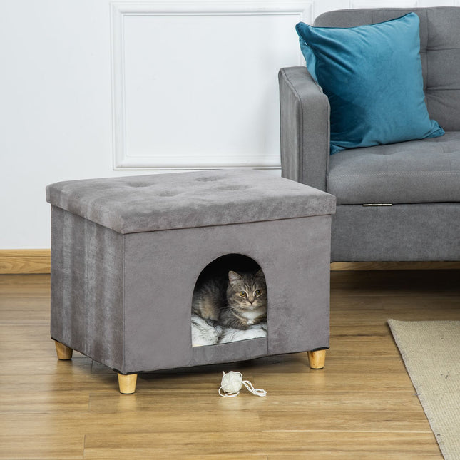 PAWROOM - 2-In-1 Cat Cave -Jalkaistuin Pehmusteella Puiset Jalat Cat House Cat Kori Pehmeä Pehmustettu Ottomaanien Tyylikäs Design Irrotettava Mdf Pehmoharmaa