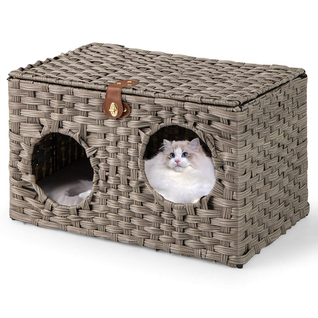 PAWROOM - Foldable PE Rattan Cat House with Removable Cushion