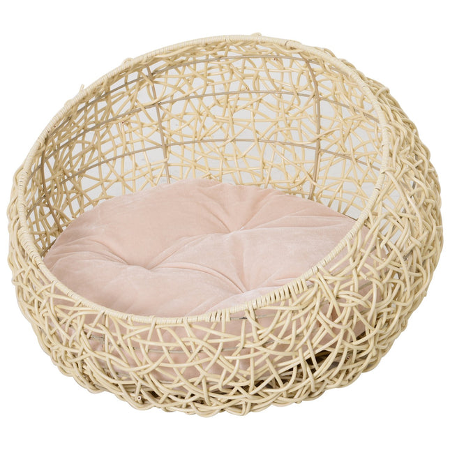 PAWROOM - Kissansänky Rottinkista Mukava Kissan Luola Tyynyllä, Kissankori & Koiransänky, Beige, Ø56X35Cm