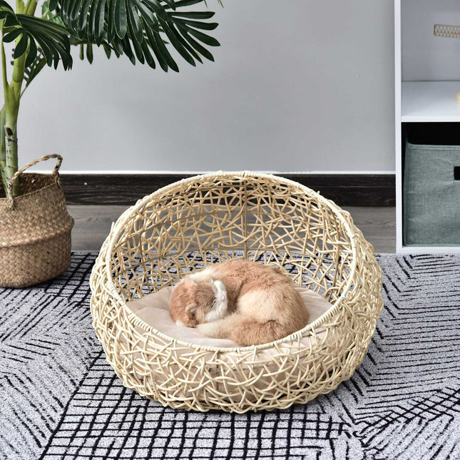PAWROOM - Kissansänky Rottinkista Mukava Kissan Luola Tyynyllä, Kissankori & Koiransänky, Beige, Ø56X35Cm
