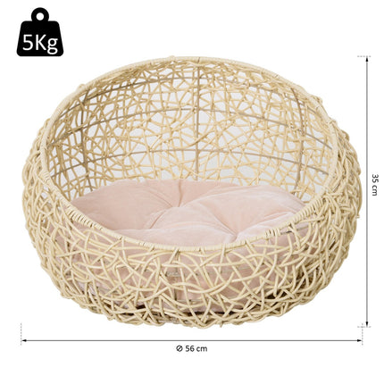 PAWROOM - Kissansänky Rottinkista Mukava Kissan Luola Tyynyllä, Kissankori & Koiransänky, Beige, Ø56X35Cm