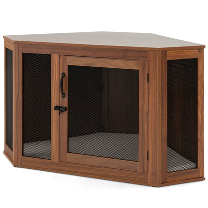 PAWROOM - Corner Pet Crate Dog Kennel -päätypöytä verkkoovella ja tyynyllä 114 x 59 x 67 cm ruskea