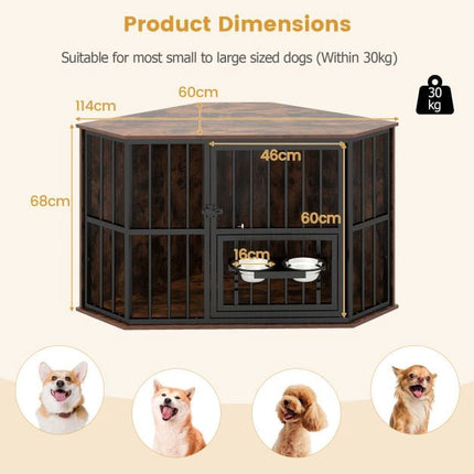 PAWROOM - Corner Dog Crate Furniture, 114x60x68 cm, Adjustable Feeder
