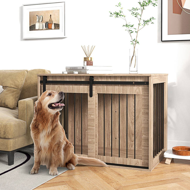 PAWROOM - Koiran Häkkikoiran Laatikko Liukuovella, Sisäkoiran Talo Puisella Ilmeellä, Lukittava, Suurille Koirille 30 Kg Asti, 98 X 58 X 67 Cm, Pähkinä