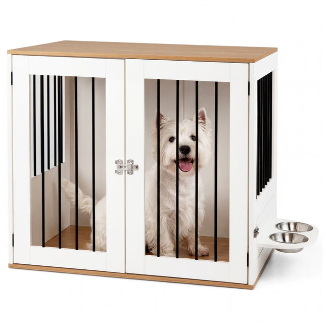 PAWROOM - Koiranhäkki pyörivillä kulhoilla ja lukittavalla ovella, valkoinen