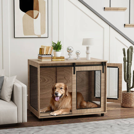 PAWROOM - Koiran häkkikalusteet, koiranlaatikko 2 lukittavalla ovella, sivupöytä kotiin, koirankoti suurille alle 30 kg koirille, teräs, 98 x 60 x 78 cm, pähkinä