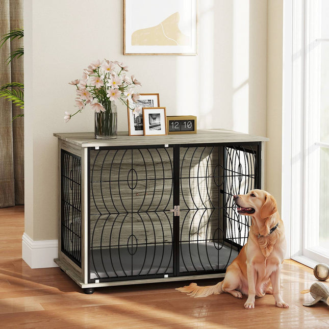 PAWROOM - Koiran häkki kotiin, koiran kennel, sisähäkki tyynyllä, koirankoppi ikkunalla, koiran häkki isoille koirille, harmaa, 100 x 60 x 73,5 cm