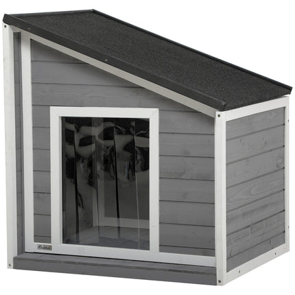 PAWROOM - Koiratalo Säänkestävä Koiratalo Kuusesta, Asfalttikatto & Oviverho, Harmaa, 71X58X53/77Cm