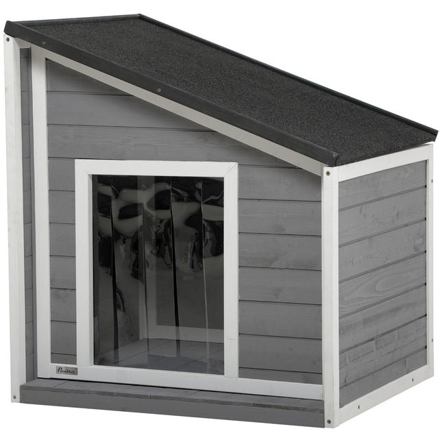 PAWROOM - Koiratalo Säänkestävä Koiratalo Kuusesta, Asfalttikatto & Oviverho, Harmaa, 71X58X53/77Cm