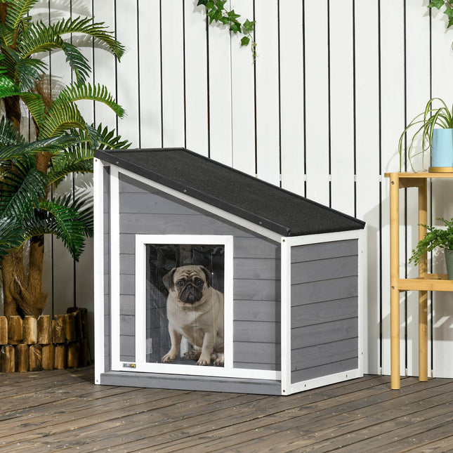 PAWROOM - Koiratalo Säänkestävä Koiratalo Kuusesta, Asfalttikatto & Oviverho, Harmaa, 71X58X53/77Cm