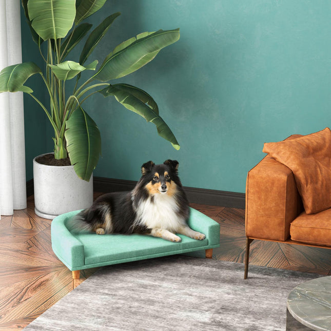 PAWROOM - Koirasohva Mukava Lemmikkisohva Tyynyllä, Ihanteellinen Isoille Koirille, Korotettu Muotoilu, Puiset Jalat, Vihreä, 98X67X25Cm