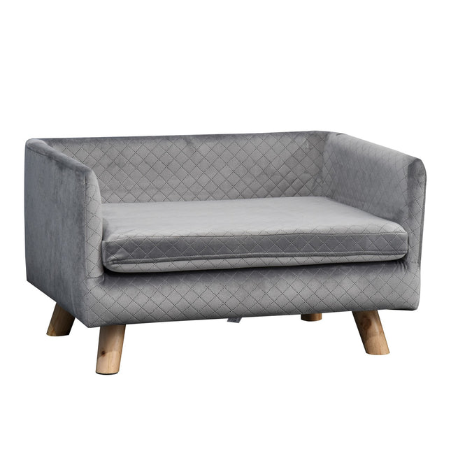 PAWROOM - Koirasohva Velvet Touch Pet Sohva Pienille Koirille Enintään 8Kg, Puiset Jalat, Harmaa, 64X45X36Cm