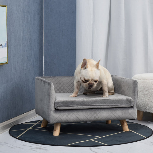 PAWROOM - Koirasohva Velvet Touch Pet Sohva Pienille Koirille Enintään 8Kg, Puiset Jalat, Harmaa, 64X45X36Cm