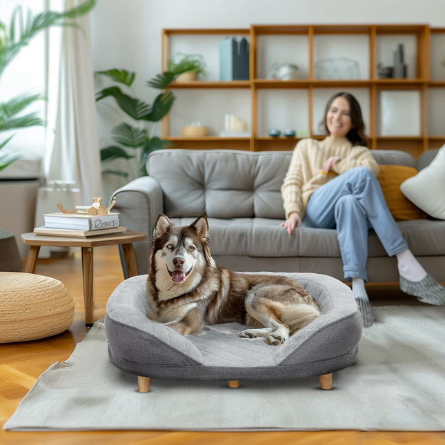 PAWROOM - Koirasohva Lemmikkien sohva selkänojalla ja puisilla jaloilla Pestävä päällinen keskikokoisille alle 25 kg painaville koirille harmaa