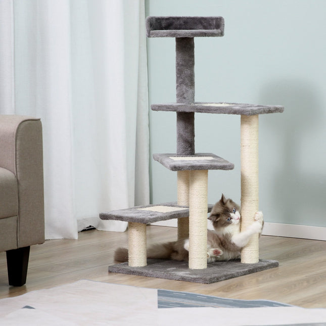 PAWROOM - Kiipeilypuu Kissoille Leikki- Ja Raaputustolppa Portailla, 5 Tasoa, Beige/Harmaa, 48X48X99,5Cm