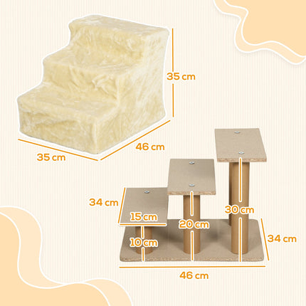 PAWROOM - Koiraportaat 3-portaiset 35 cm Lemmikkien portaat pehmolelulla Kissaportaat vuodesohvalle Kissoille enintään 4,5 kg beige