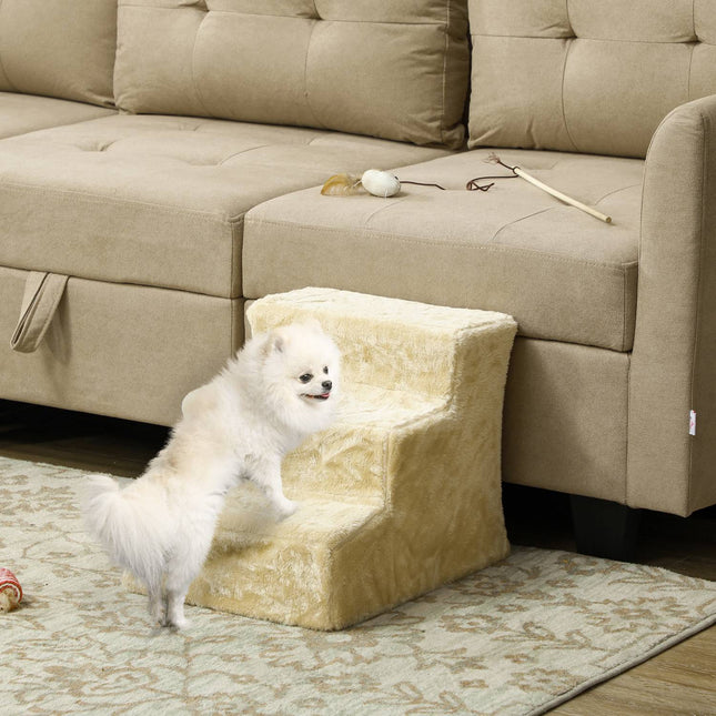 PAWROOM - Koiraportaat 3-portaiset 35 cm Lemmikkien portaat pehmolelulla Kissaportaat vuodesohvalle Kissoille enintään 4,5 kg beige