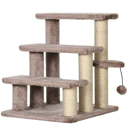 PAWROOM - Kissan portaat, eläinportaat kissoille, koiran portaat, 3 askelmaa, raapimistolpat, leikkipallo, pehmo, ruskea, 45x40x48cm