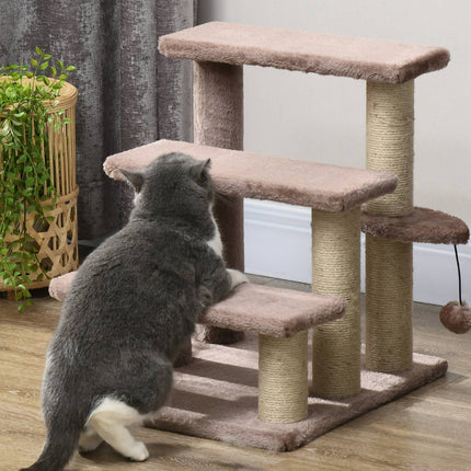 PAWROOM - Kissan portaat, eläinportaat kissoille, koiran portaat, 3 askelmaa, raapimistolpat, leikkipallo, pehmo, ruskea, 45x40x48cm