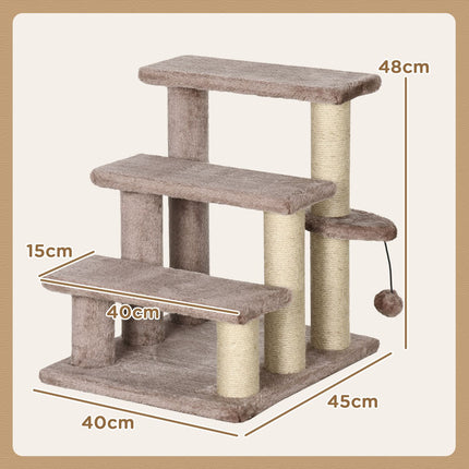 PAWROOM - Kissan portaat, eläinportaat kissoille, koiran portaat, 3 askelmaa, raapimistolpat, leikkipallo, pehmo, ruskea, 45x40x48cm