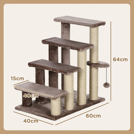 PAWROOM - 4-portaiset kissaportaat raapimistolppalla, 5 kg asti, lemmikkiportaat leikkipallolla, koiraportaat, eläinportaat, pehmo, ruskea, 60 x 40 x 64 cm