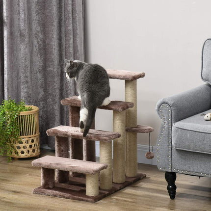 PAWROOM - 4-portaiset kissaportaat raapimistolppalla, 5 kg asti, lemmikkiportaat leikkipallolla, koiraportaat, eläinportaat, pehmo, ruskea, 60 x 40 x 64 cm