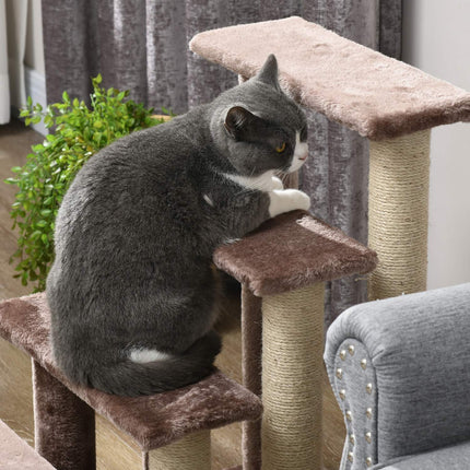 PAWROOM - 4-portaiset kissaportaat raapimistolppalla, 5 kg asti, lemmikkiportaat leikkipallolla, koiraportaat, eläinportaat, pehmo, ruskea, 60 x 40 x 64 cm