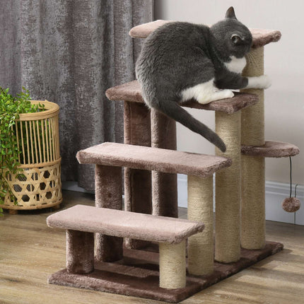 PAWROOM - 4-portaiset kissaportaat raapimistolppalla, 5 kg asti, lemmikkiportaat leikkipallolla, koiraportaat, eläinportaat, pehmo, ruskea, 60 x 40 x 64 cm