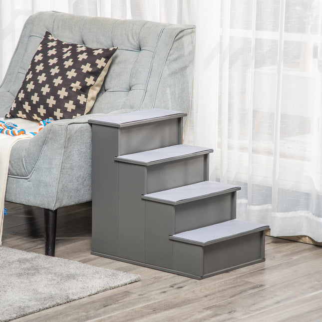 PAWROOM - Pet Stairs, 4-Step, Plush Carpet, 30 kg Capacity, Grey