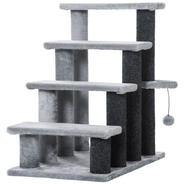PAWROOM - Lemmikkiportaat Kissan Portaat Raaputuspylväspallolla 4-Vaiheiset Koiraportaat Eläinportaat Lastulevy Pehmojuutin Harmaa 60 X 40 X 64 Cm
