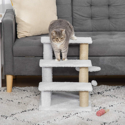 PAWROOM - Lemmikkien Portaat Ja Raaputuspylväspallo 3-Askel Kissan Portaat Koiran Portaat Eläinportaat Lastulevy Pehmojuuttia Valkoinen 45 X 40 X 48 Cm