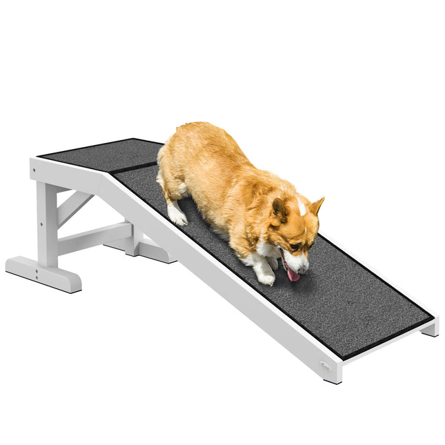 PAWROOM - Lemmikkiramppi Liukumattomalla Matolla Lemmikin Tikkaat Koiraramppi Koirille Enintään 30 Kg Mäntypuupolyesteri Valkoinen + Harmaa 125 X 40 X 35,5 Cm