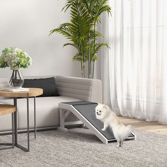 PAWROOM - Lemmikkiramppi Liukumattomalla Matolla Lemmikin Tikkaat Koiraramppi Koirille Enintään 30 Kg Mäntypuupolyesteri Valkoinen + Harmaa 125 X 40 X 35,5 Cm