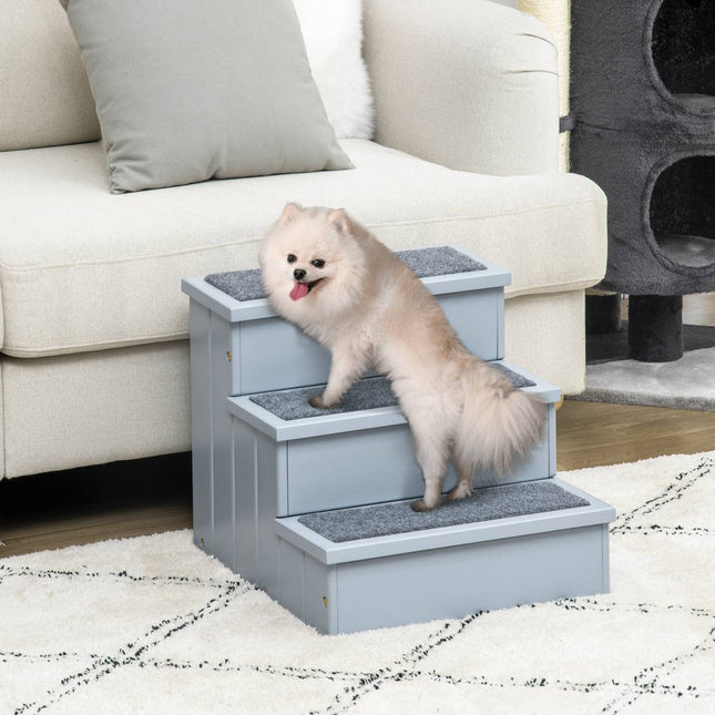 PAWROOM - Pet Stairs Koiran Portaat 3 Askelmaa & Matto, Säilytystila, Harmaa, 40,5X44,5X38 Cm