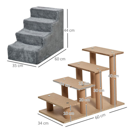 PAWROOM - Pet Stairs 4-Vaiheinen Koiraramppi Irrotettavalla Kannella, Kissan Portaat, Lastulevy, Pehmo, Harmaa, 60X35X44Cm