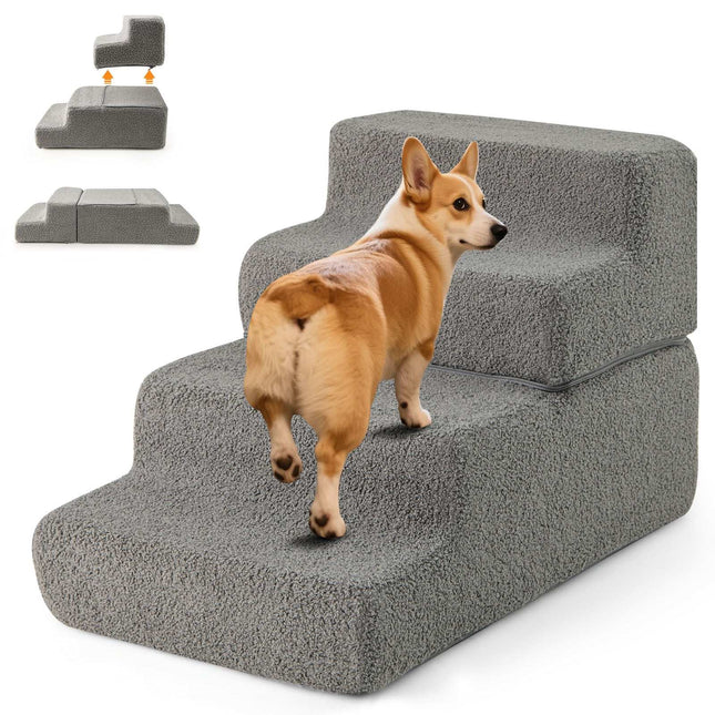 PAWROOM - Lemmikkien vaahtomuoviportaat, 4 askelmaa, liukumattomat, pestävä päällinen, harmaa