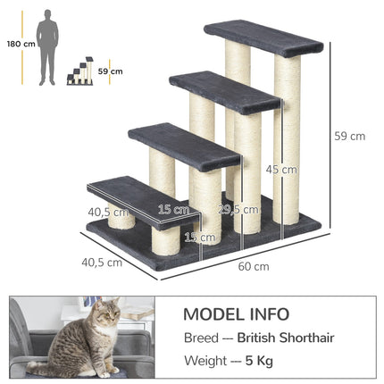 PAWROOM - Animal Stairs 4-Vaiheiset Koiraportaat & Kissanpentuportaat, Pehmeä Pehmo, Harmaa, 60X40,5X59Cm