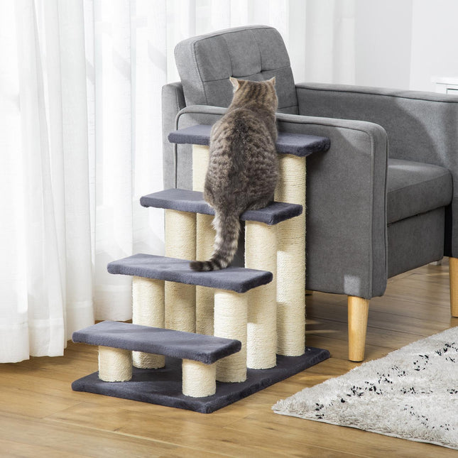PAWROOM - Animal Stairs 4-Vaiheiset Koiraportaat & Kissanpentuportaat, Pehmeä Pehmo, Harmaa, 60X40,5X59Cm