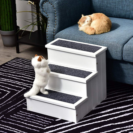 PAWROOM - Dog Stairs Lemmikkien Portaat Mattopeitteellä Ja Säilytystilalla, Sisäänpääsyapu, Mänty, Valkoinen, 40,5X44,5X38Cm