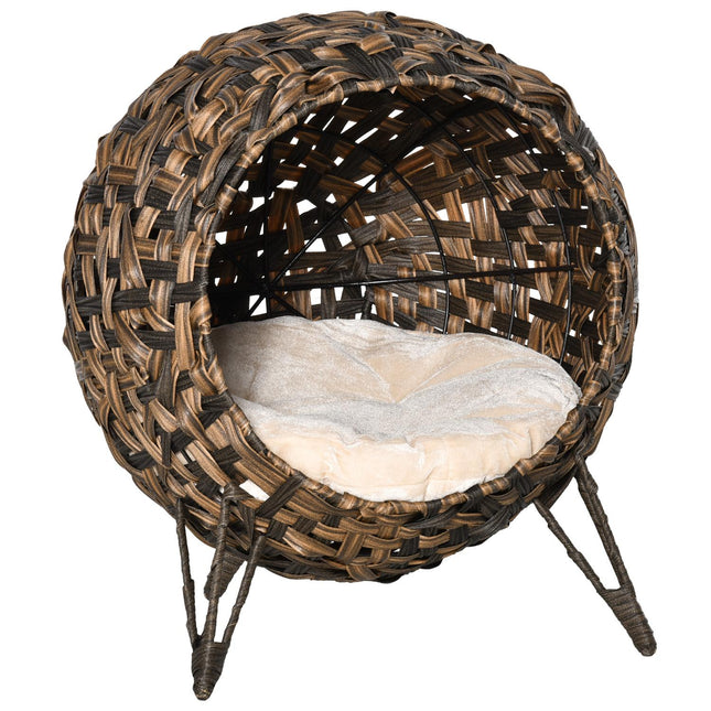PAWROOM - Rattan Kissansänkyjen Tyyny Kohotetut Jalat Kissan Makuupaikka Ruskea Ø52X58Cm