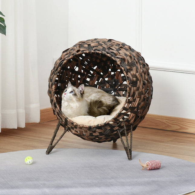 PAWROOM - Rattan Kissansänkyjen Tyyny Kohotetut Jalat Kissan Makuupaikka Ruskea Ø52X58Cm