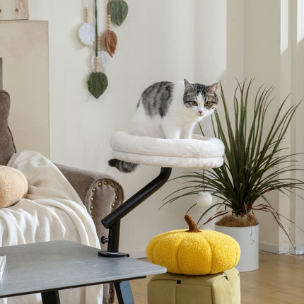 PAWROOM - Cat Desk Bed, 360° Rotating, Adjustable Height, Cream