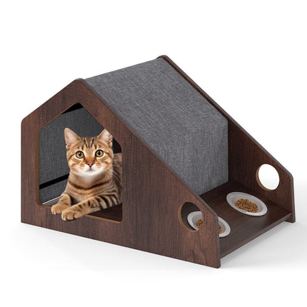 PAWROOM - Puinen kissankoppi ruokinta-asemalla, irrotettava katto