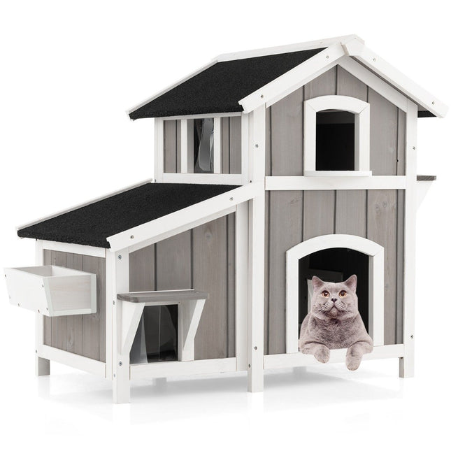 PAWROOM - Cat House Outdoor 2-story Cat Hut Cat Villa with Asphalt Roof Gray 100 x 64 x 82.5 cm